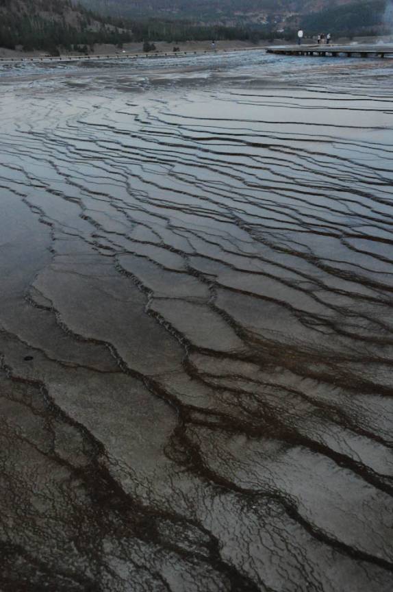 Terraços de calcita formados ao lado da Grand Prismatic Pool, no Yellowstone National Park, em Wyoming, nos Estados Unidos